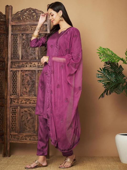 Women Embroidered Straight Kurta Set with Dupatta